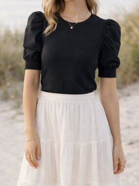 The Drop Mariko Black Puff Sleeve Tee XS Crew Neck Stretch Top NWT